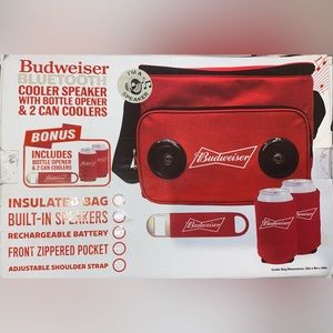 BUDWEISER BLUETOOTH COOLER SPEAKER WITH BOTTLE OPENER & 2 CAN COOLERS